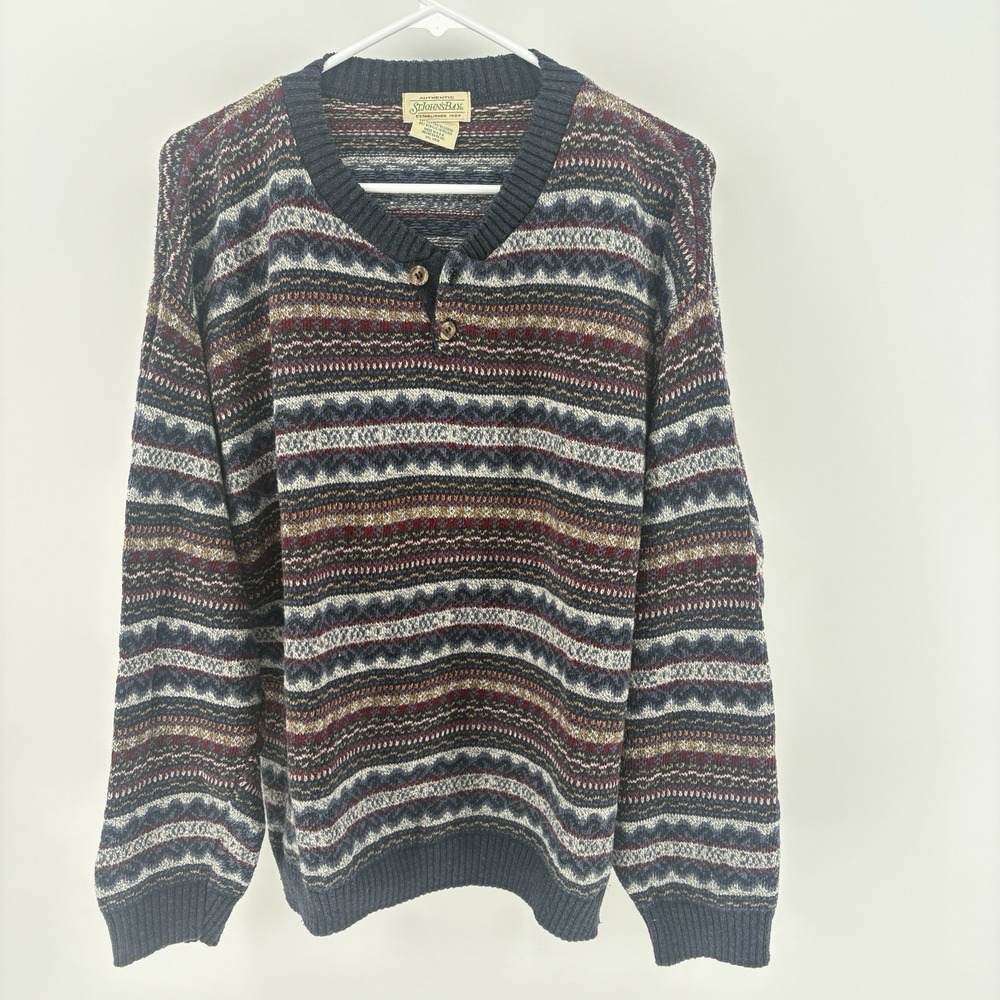 Vintage St. Johns Bay Sweater Mens L Multi Color Fair Isle Henley Knit 90s USA